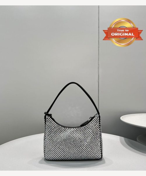 1:1 Replica Prada Satin Mini-Bag With Crystals Silver For Women 8.6in/22cm 1BC515_2AWL_F0T7O_V_OOO