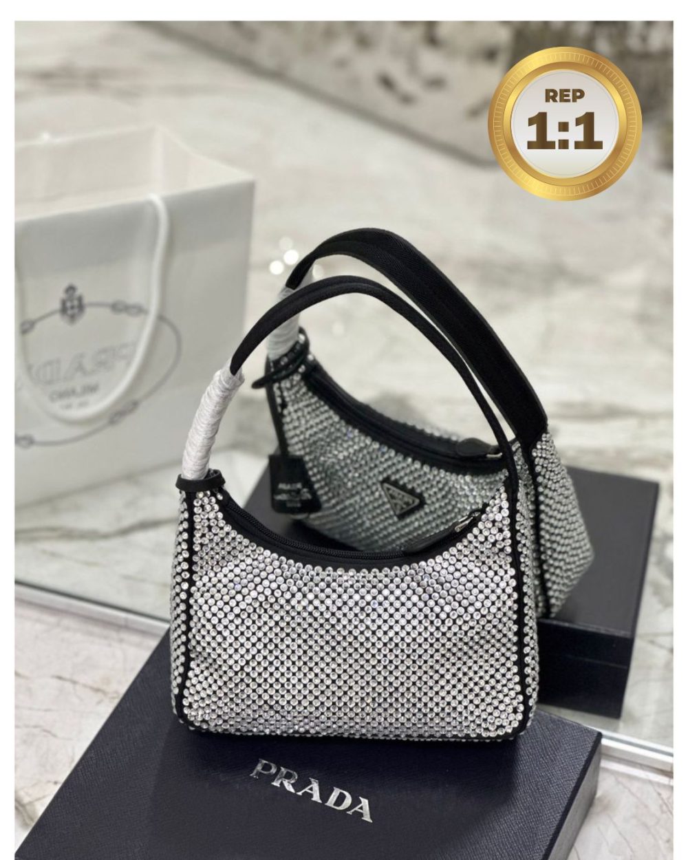 1:1 Replica Prada Satin Mini-Bag With Crystals Silver For Women 8.6in/22cm 1BC515_2AWL_F0T7O_V_OOO