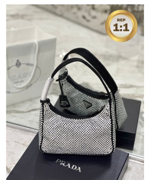 1:1 Replica Prada Satin Mini-Bag With Crystals Silver For Women 8.6in/22cm 1BC515_2AWL_F0T7O_V_OOO