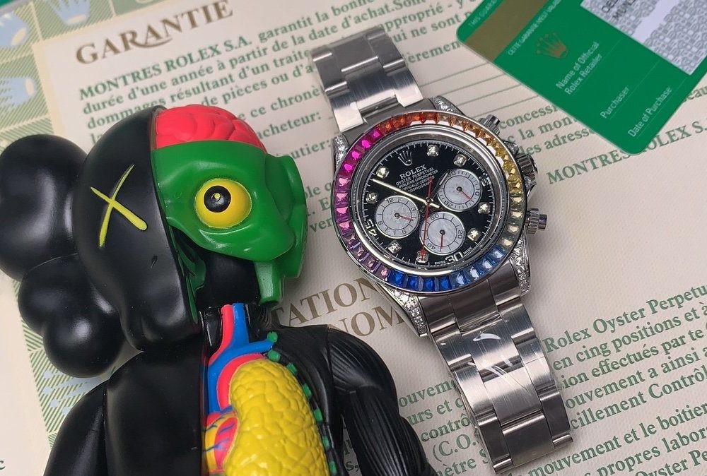 Rolex Cosmograph Daytona Rainbow Crystals Bezel Stainless Steep Strap Black Dial 80250