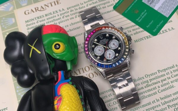Rolex Cosmograph Daytona Rainbow Crystals Bezel Stainless Steep Strap Black Dial 80250