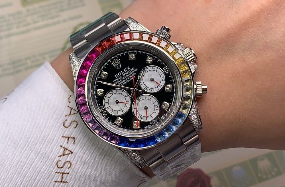 Rolex Cosmograph Daytona Rainbow Crystals Bezel Stainless Steep Strap Black Dial 80250