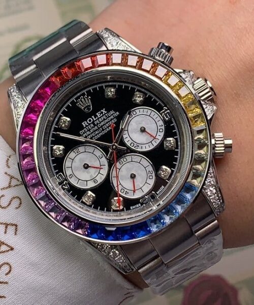 Rolex Cosmograph Daytona Rainbow Crystals Bezel Stainless Steep Strap Black Dial 80250