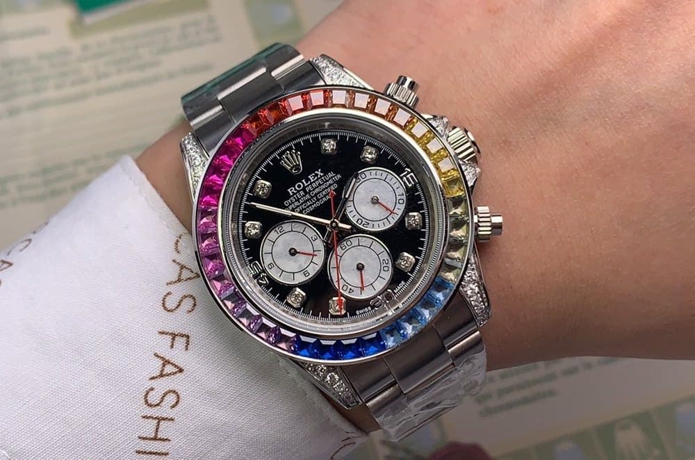 Rolex Cosmograph Daytona Rainbow Crystals Bezel Stainless Steep Strap Black Dial 80250