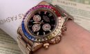 Rolex Daytona Cosmograph Rainbow Crystals Bezel Gold Toned Strap Black Dial 80251