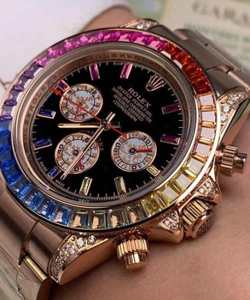 Rolex Daytona Cosmograph Rainbow Crystals Bezel Gold Toned Strap Black Dial 80251