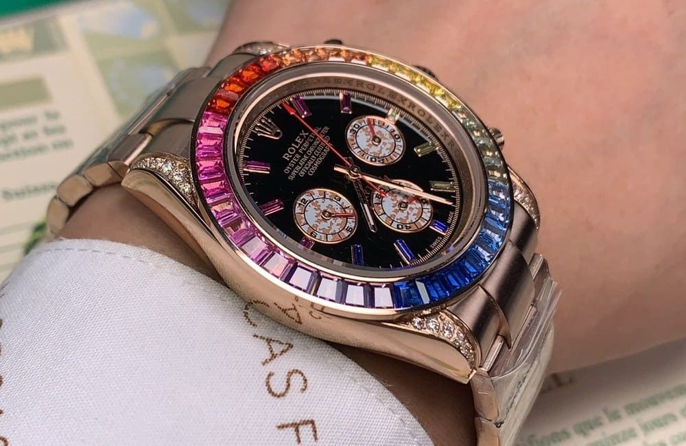 Rolex Daytona Cosmograph Rainbow Crystals Bezel Gold Toned Strap Black Dial 80251