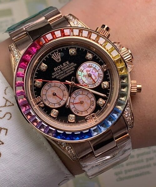 Rolex Daytona Cosmograph Rainbow Crystals Bezel Gold Toned Strap Black Dial 80251