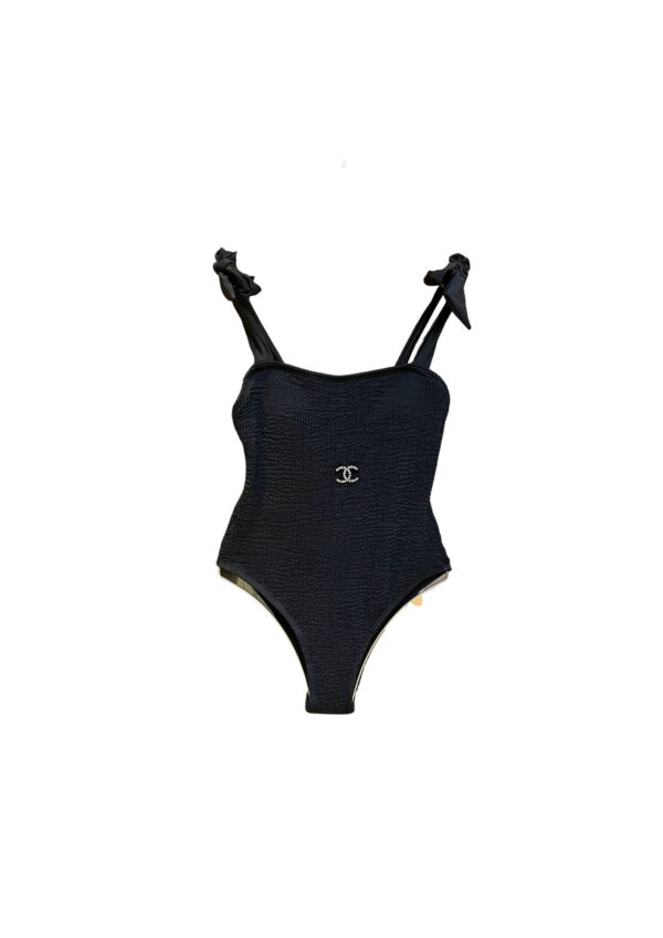 Ruched Bow One Piece Swimsuit Black For Women