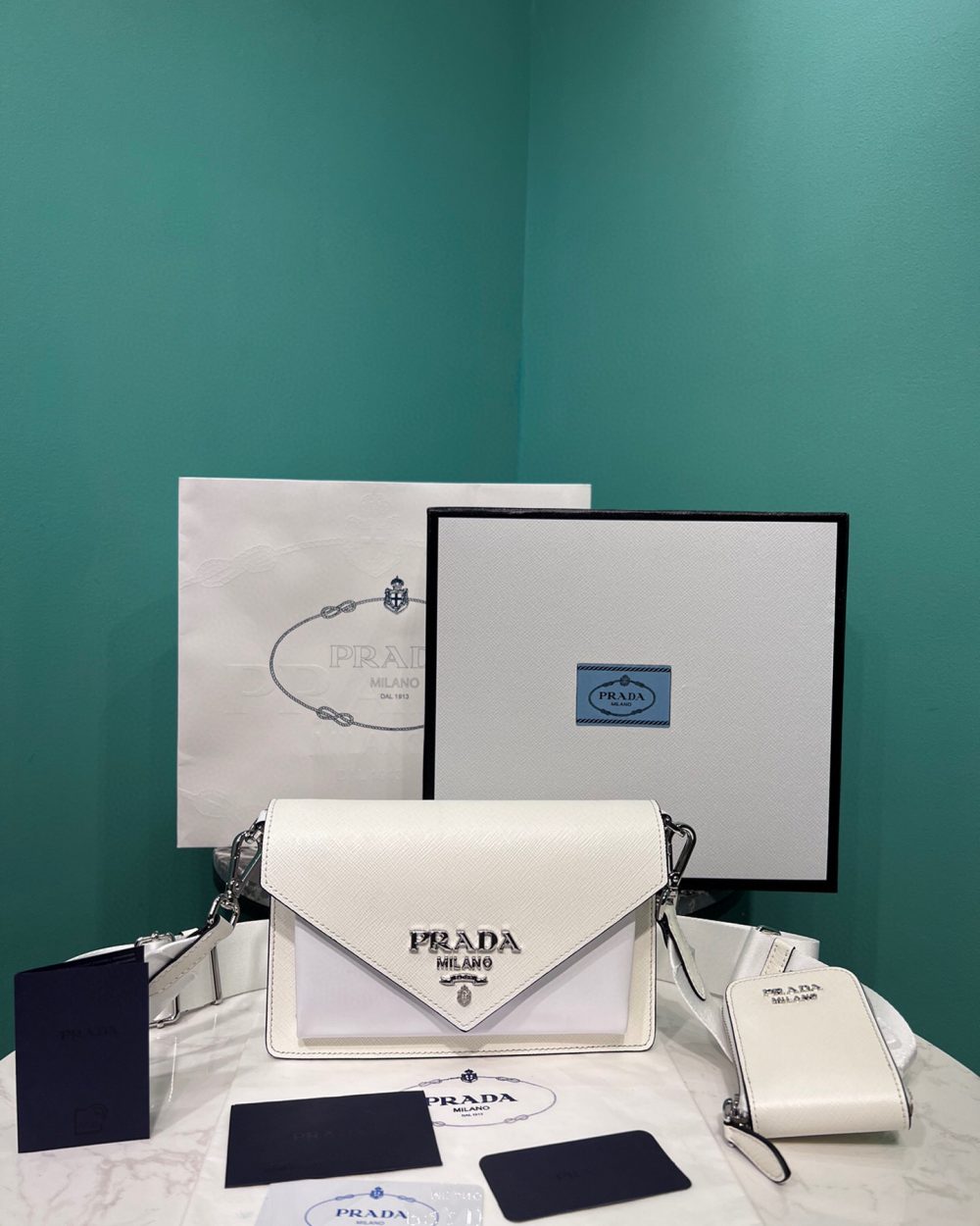 Saffiano Mini Envelope Bag In White For Women 7.8 in/ 20cm 1BP020_2EVU_F0009_V_N2O