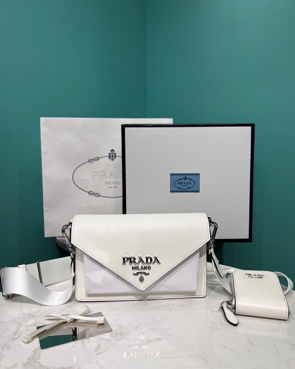 Saffiano Mini Envelope Bag In White For Women 7.8 in/ 20cm 1BP020_2EVU_F0009_V_N2O