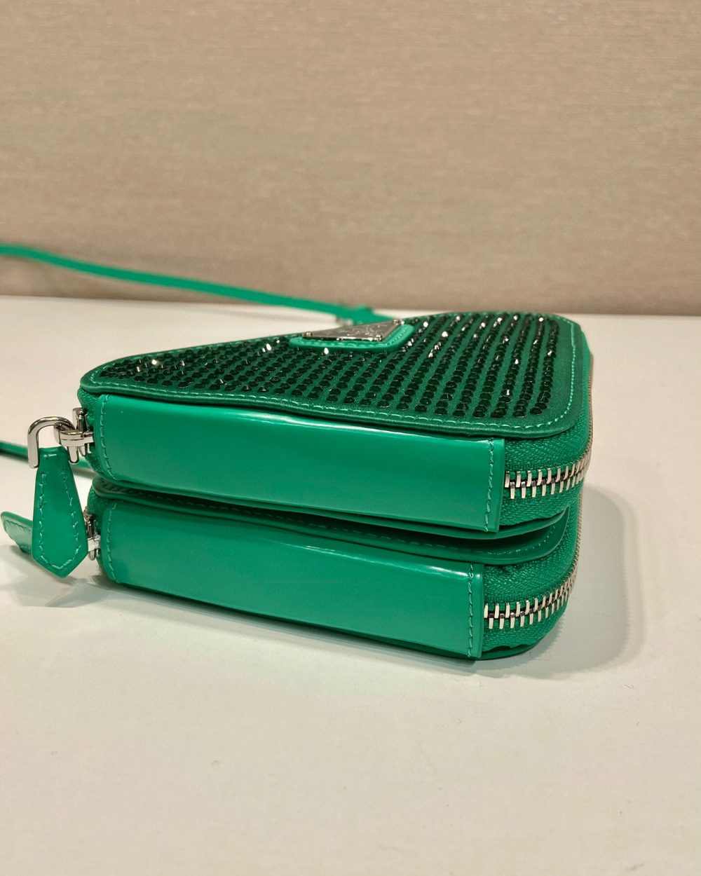 Saffiano Mini Pouch With Sparkling Stone In Green For Women 5.9in/ 15cm