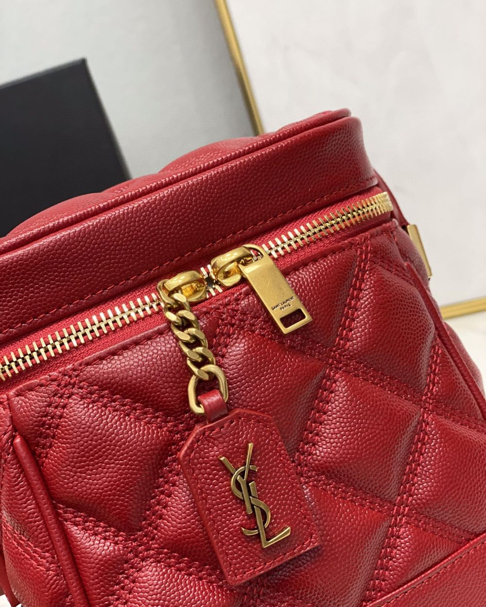 [REP 1:1] Saint Laurent 80's Vanity Bag In Carré-Quilted Grain De Poudre Red For Women 6.4in/16.5cm YSL 649779DME276805