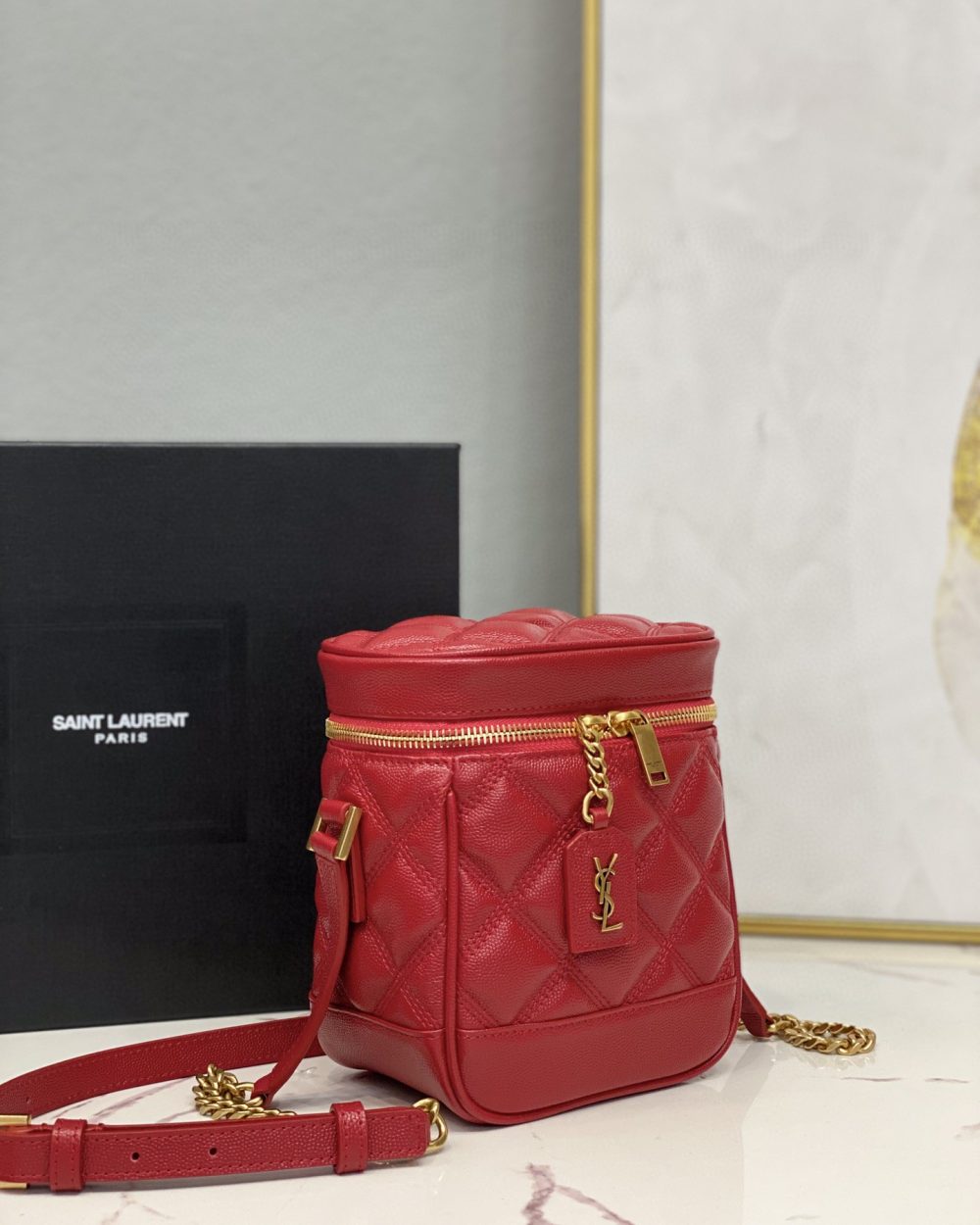 [REP 1:1] Saint Laurent 80's Vanity Bag In Carré-Quilted Grain De Poudre Red For Women 6.4in/16.5cm YSL 649779DME276805