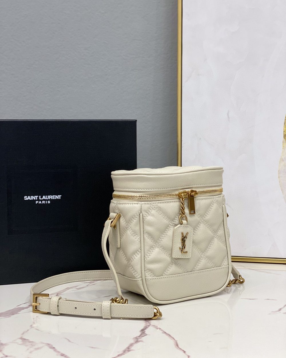 [REP 1:1] Saint Laurent 80's Vanity Bag In Carré-Quilted Grain De Poudre White For Women 6.4in/16.5cm YSL 649779DME279207