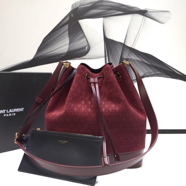 [REP 1:1] Saint Laurent All-Over Monogram Bucket Bag Burgundy For Women 10.5in/27cm YSL