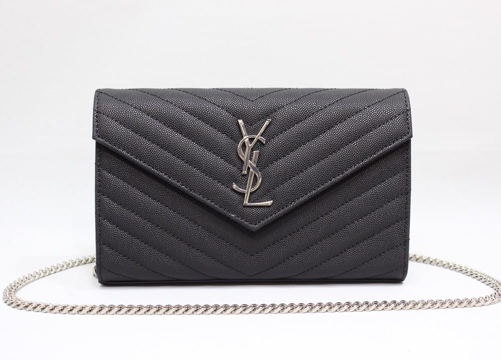 [REP 1:1] Saint Laurent Cassandre Matelassé Chain Wallet In Grain De Poudre Embossed Black For Women 8.8in/23cm YSL 377828BOW021000