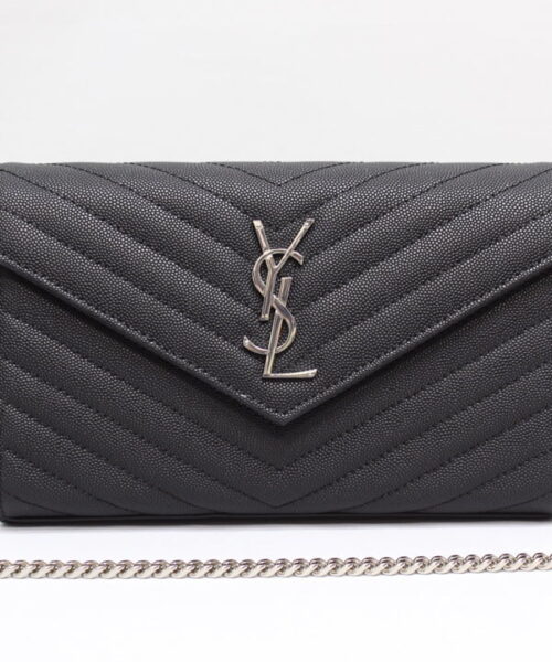 [REP 1:1] Saint Laurent Cassandre Matelassé Chain Wallet In Grain De Poudre Embossed Black For Women 8.8in/23cm YSL 377828BOW021000