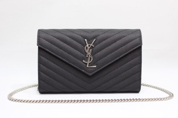 [REP 1:1] Saint Laurent Cassandre Matelassé Chain Wallet In Grain De Poudre Embossed Black For Women 8.8in/23cm YSL 377828BOW021000