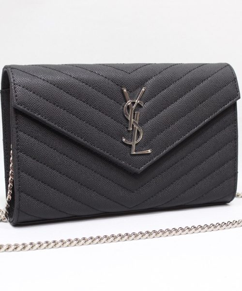 [REP 1:1] Saint Laurent Cassandre Matelassé Chain Wallet In Grain De Poudre Embossed Black For Women 8.8in/23cm YSL 377828BOW021000