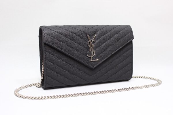 [REP 1:1] Saint Laurent Cassandre Matelassé Chain Wallet In Grain De Poudre Embossed Black For Women 8.8in/23cm YSL 377828BOW021000