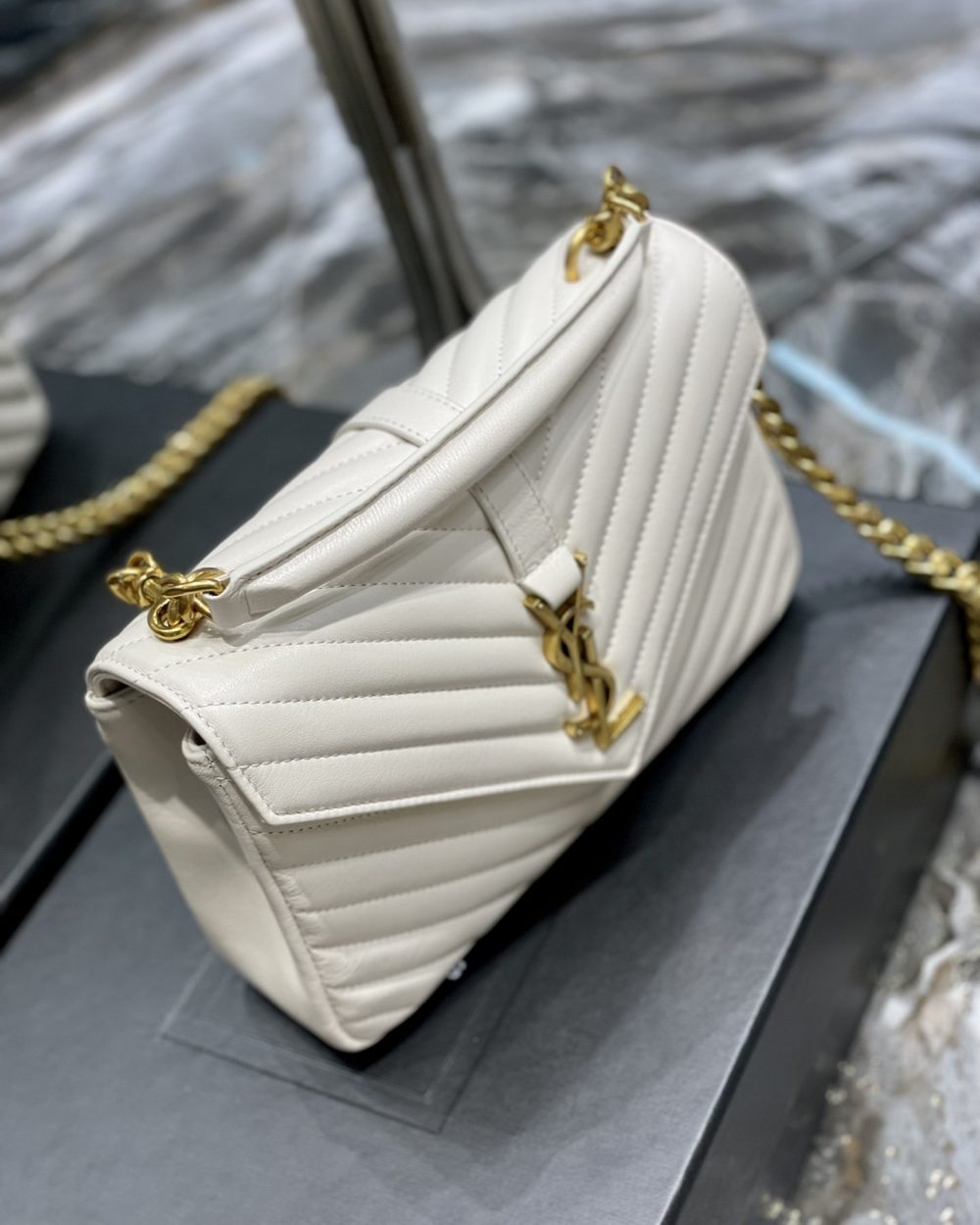[REP 1:1] Saint Laurent College Medium Chain Bag White Gold Toned Hardware For Women 9.4in/24cm YSL 600279BRM079207