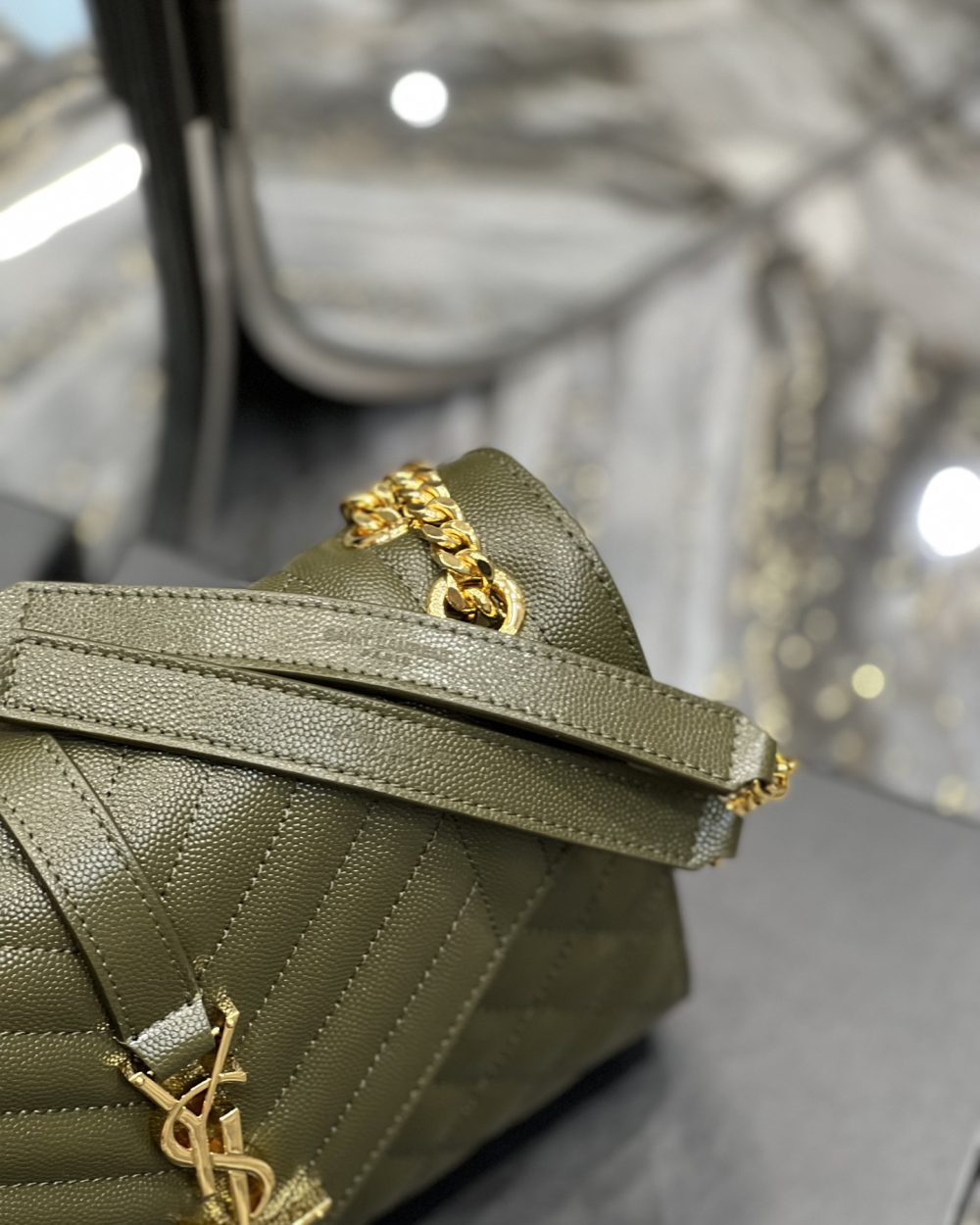 [REP 1:1] Saint Laurent Envelope Medium Chain Bag Dark Green For Women, Women's Bags 9.4in/24cm YSL