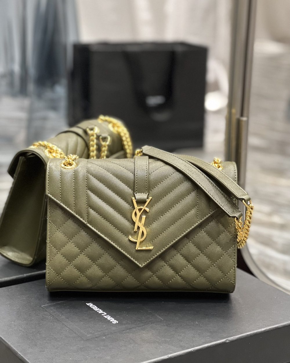 [REP 1:1] Saint Laurent Envelope Medium Chain Bag Dark Green For Women, Women's Bags 9.4in/24cm YSL