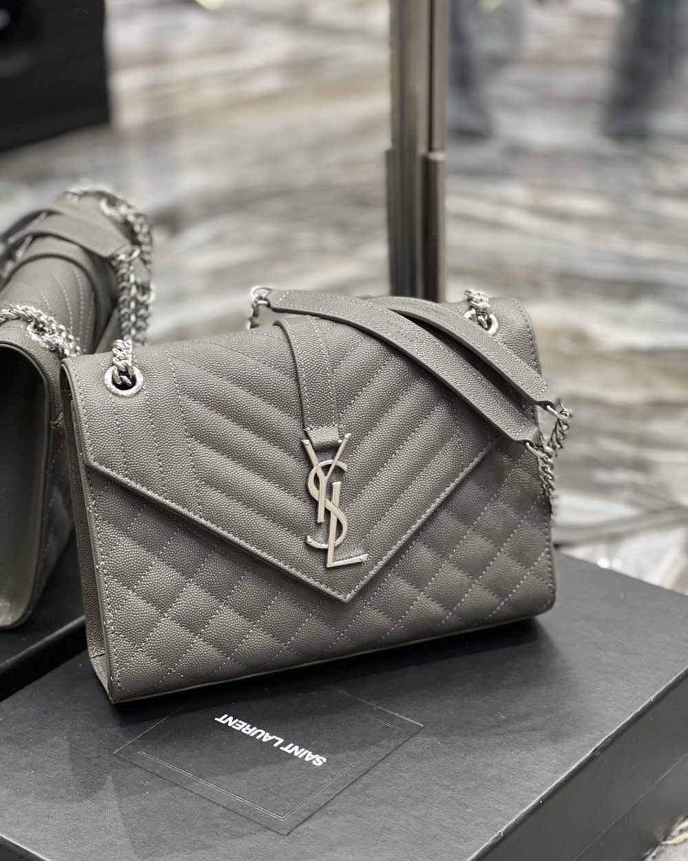 [REP 1:1] Saint Laurent Envelope Medium Chain Bag Dark Grey For Women, Women's Bags 9.4in/24cm YSL