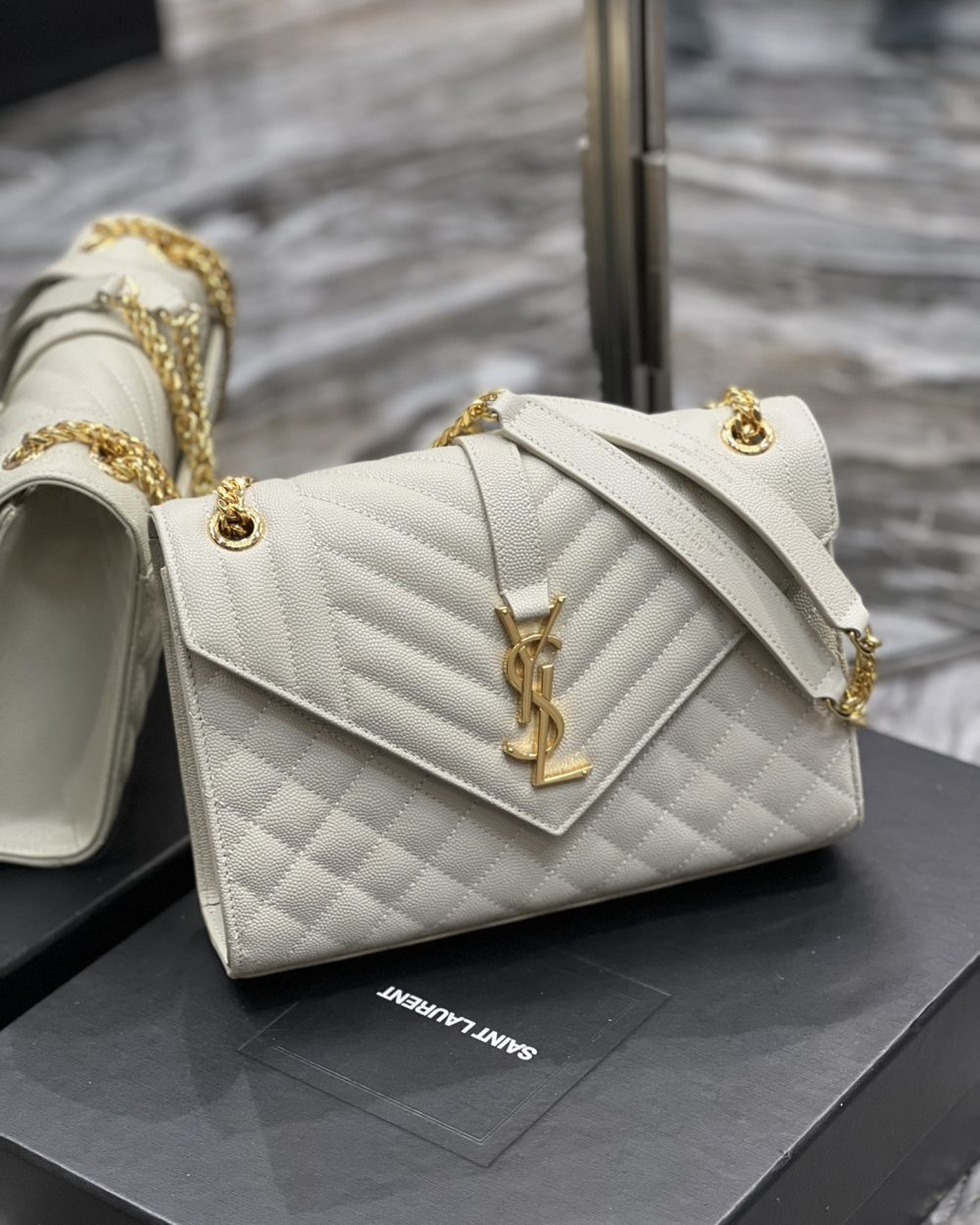 [REP 1:1] Saint Laurent Envelope Medium Chain Bag White For Women, Women's Bags 9.4in/24cm YSL