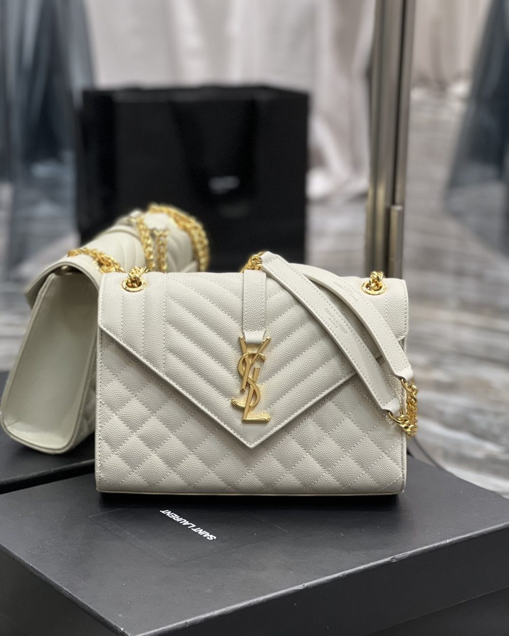[REP 1:1] Saint Laurent Envelope Medium Chain Bag White For Women, Women's Bags 9.4in/24cm YSL