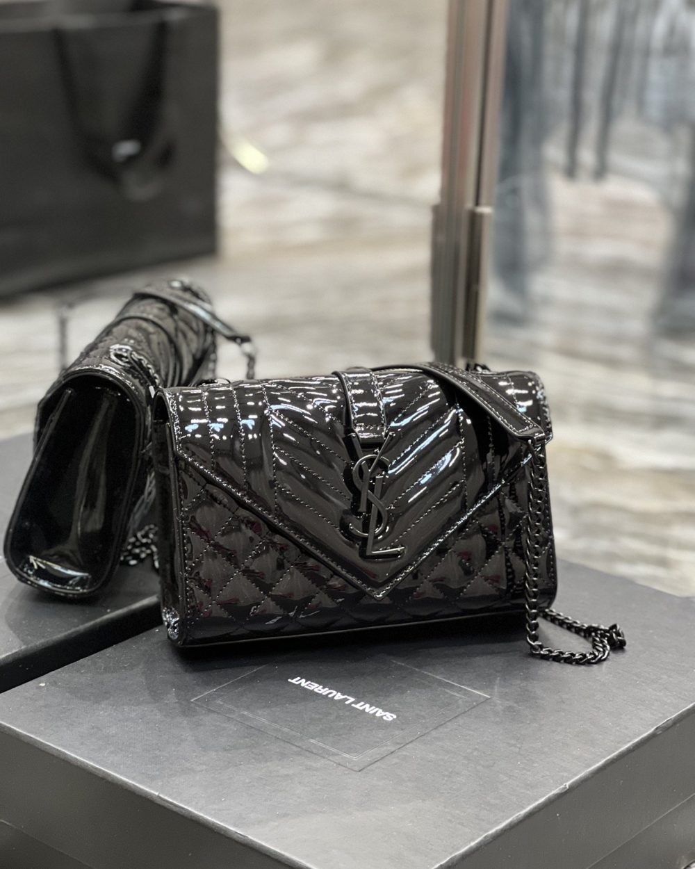 [REP 1:1] Saint Laurent Envelope Small Bag Black In Mix Matelassé Grain De Poudre Embossed Material For Women 8.2in/21cm YSL