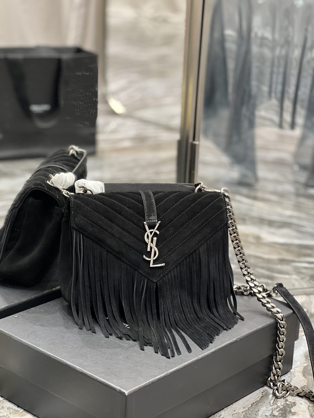 [REP 1:1] Saint Laurent Frosted Belt Fringe Perennial Messenger Bag Black For Women, Women's Bags 9.4in/24cm YSL - Image 3