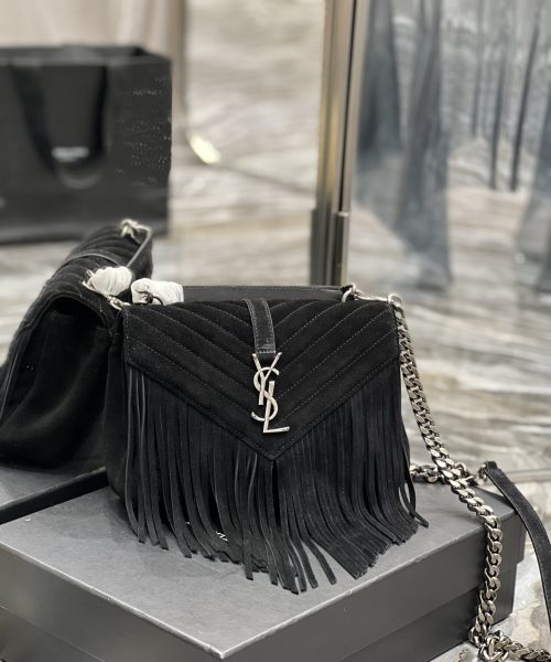 [REP 1:1] Saint Laurent Frosted Belt Fringe Perennial Messenger Bag Black For Women, Women's Bags 9.4in/24cm YSL