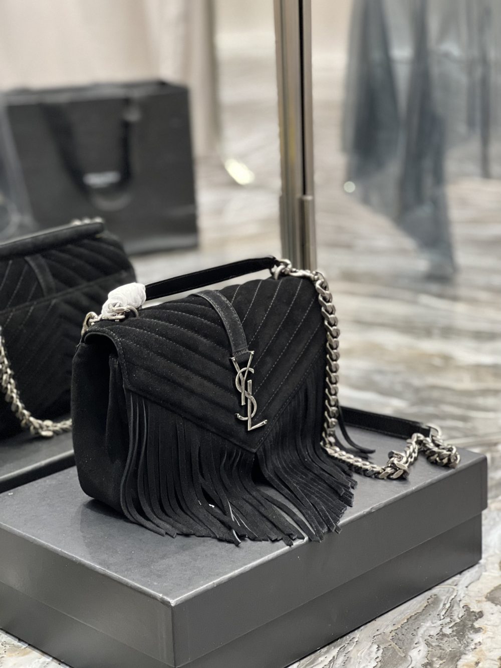 [REP 1:1] Saint Laurent Frosted Belt Fringe Perennial Messenger Bag Black For Women, Women's Bags 9.4in/24cm YSL - Image 4
