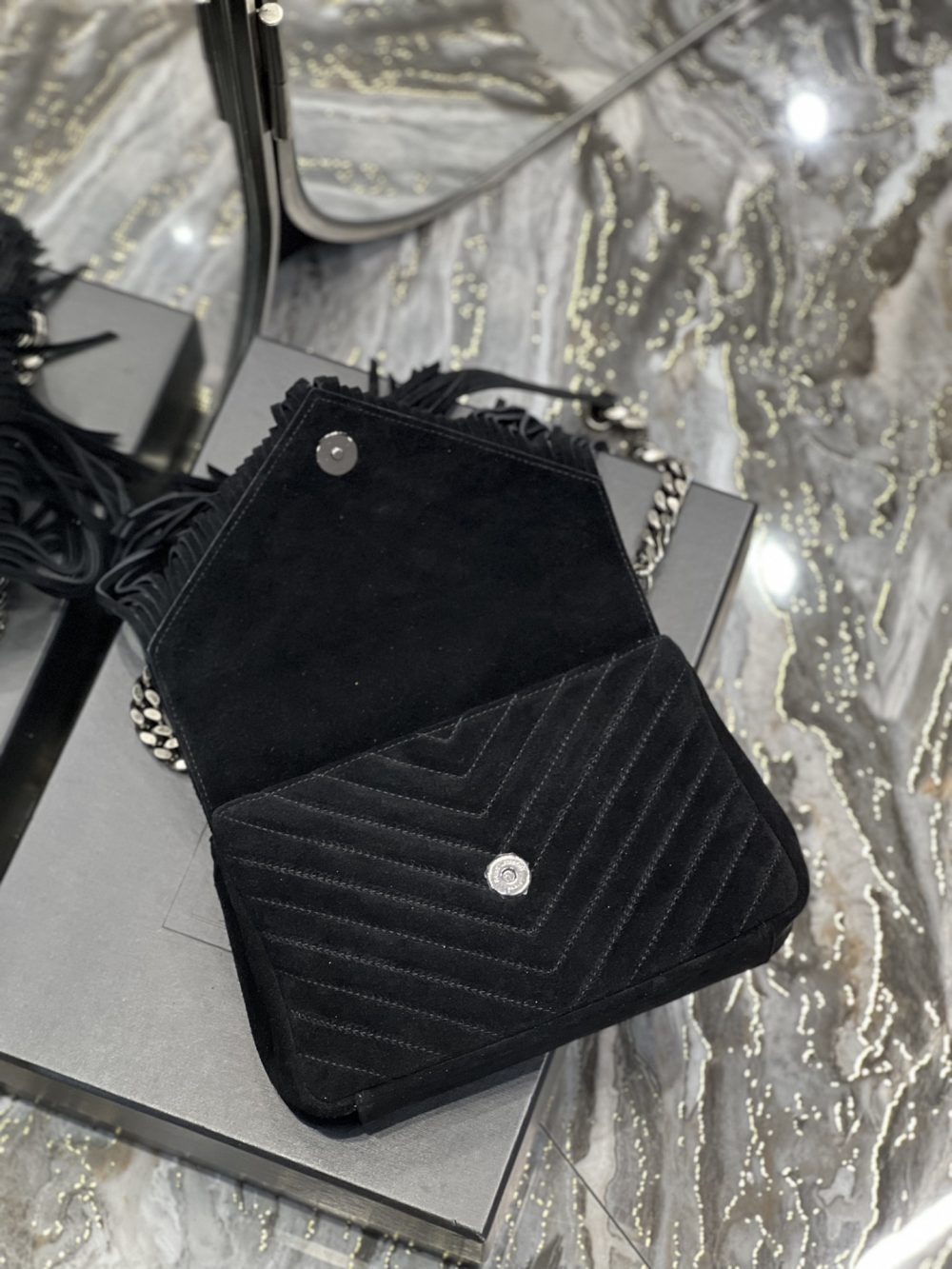 [REP 1:1] Saint Laurent Frosted Belt Fringe Perennial Messenger Bag Black For Women, Women's Bags 9.4in/24cm YSL - Image 8