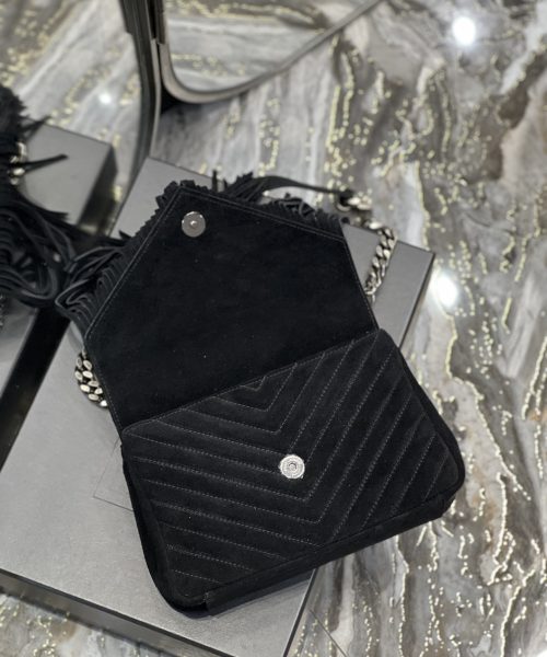 [REP 1:1] Saint Laurent Frosted Belt Fringe Perennial Messenger Bag Black For Women, Women's Bags 9.4in/24cm YSL