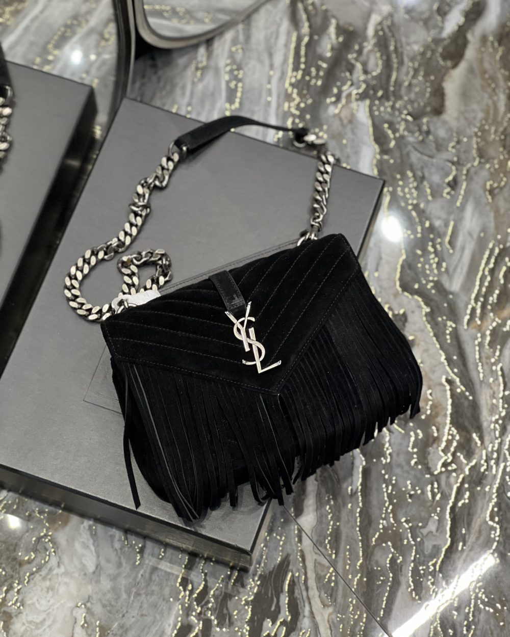 [REP 1:1] Saint Laurent Frosted Belt Fringe Perennial Messenger Bag Black For Women, Women's Bags 9.4in/24cm YSL