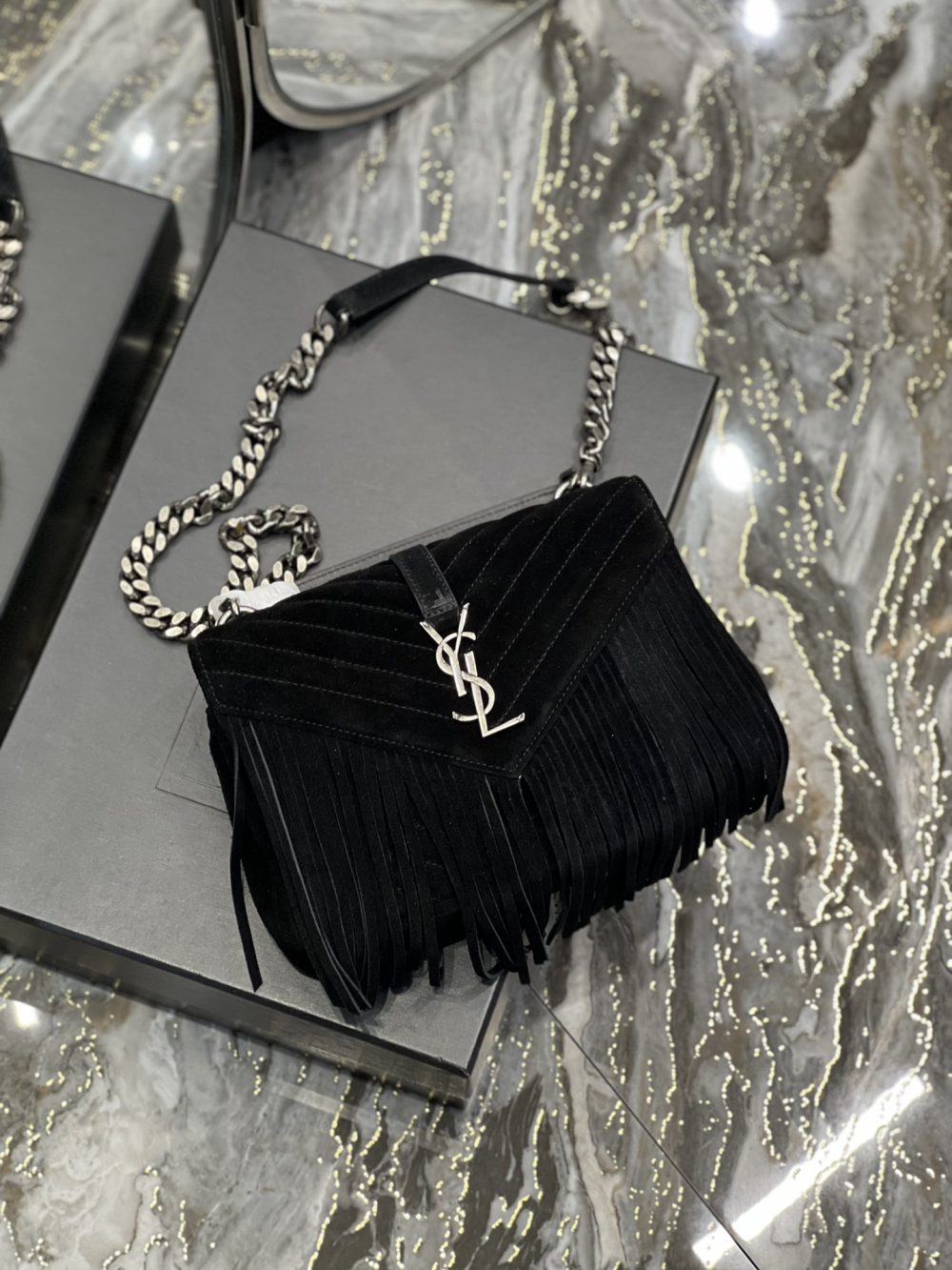 [REP 1:1] Saint Laurent Frosted Belt Fringe Perennial Messenger Bag Black For Women, Women's Bags 9.4in/24cm YSL - Image 2