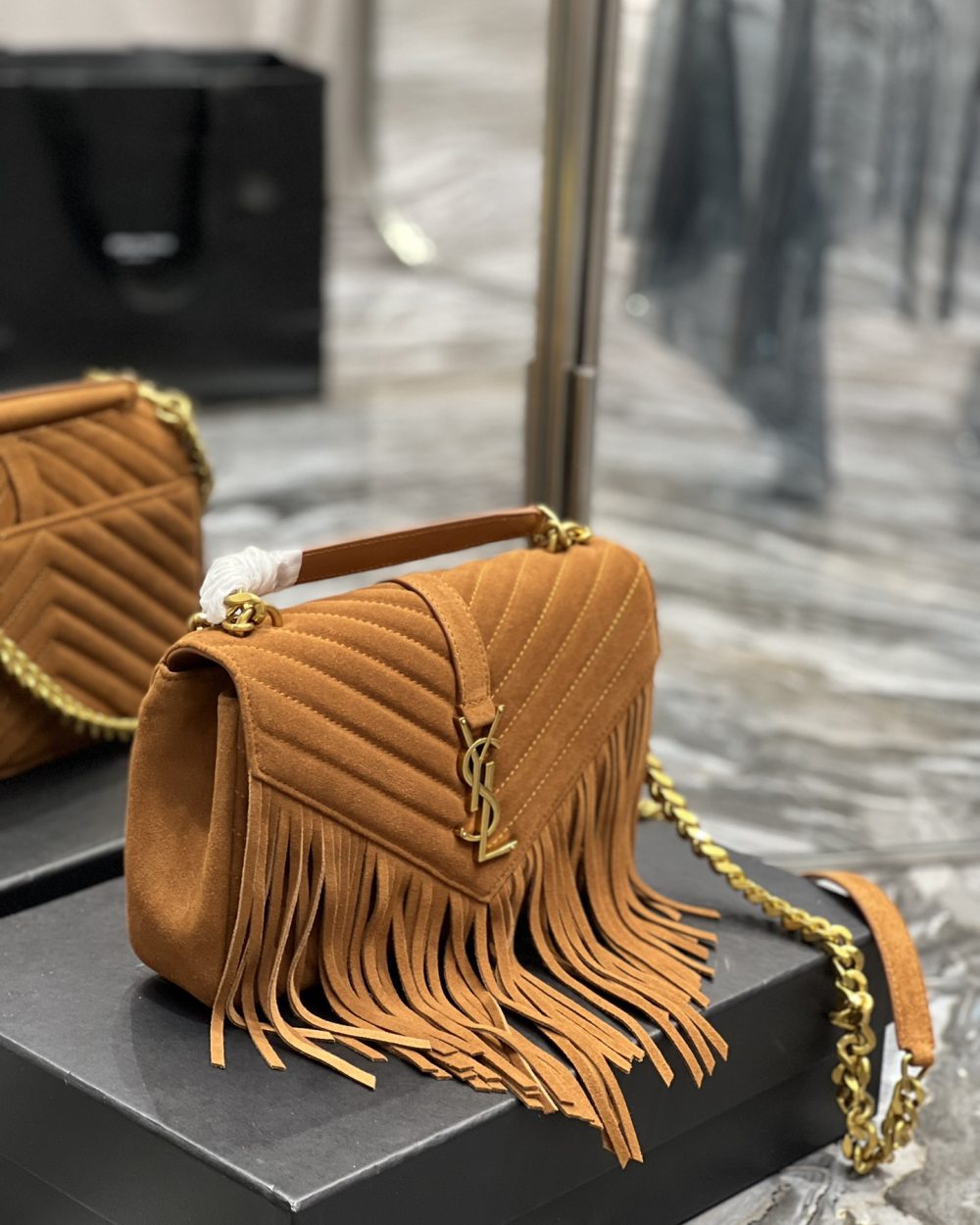 [REP 1:1] Saint Laurent Frosted Belt Fringe Perennial Messenger Bag Brown For Women, Women's Bags 9.4in/24cm YSL