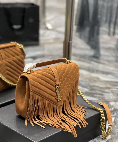 [REP 1:1] Saint Laurent Frosted Belt Fringe Perennial Messenger Bag Brown For Women, Women's Bags 9.4in/24cm YSL