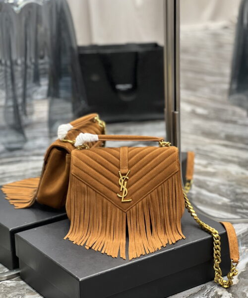[REP 1:1] Saint Laurent Frosted Belt Fringe Perennial Messenger Bag Brown For Women, Women's Bags 9.4in/24cm YSL