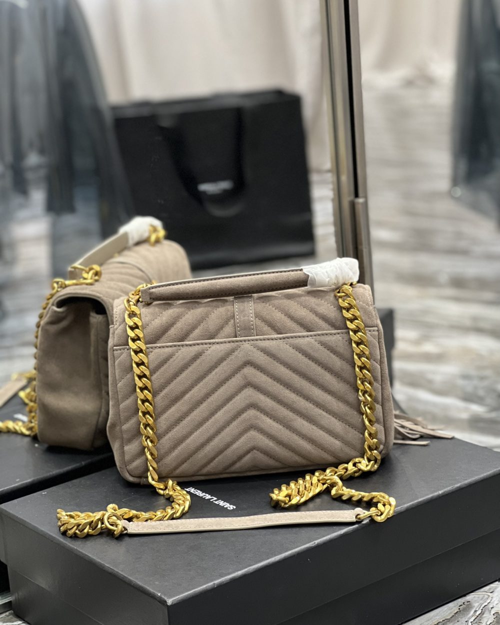 [REP 1:1] Saint Laurent Frosted Belt Fringe Perennial Messenger Bag Gray For Women, Women's Bags 9.4in/24cm YSL