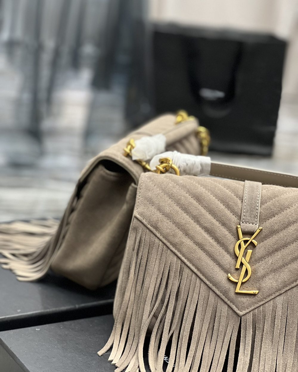 [REP 1:1] Saint Laurent Frosted Belt Fringe Perennial Messenger Bag Gray For Women, Women's Bags 9.4in/24cm YSL