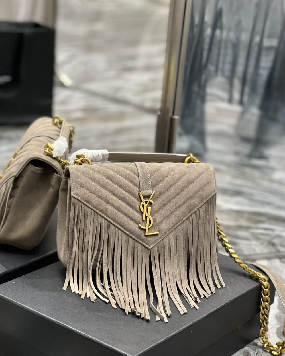 [REP 1:1] Saint Laurent Frosted Belt Fringe Perennial Messenger Bag Gray For Women, Women's Bags 9.4in/24cm YSL