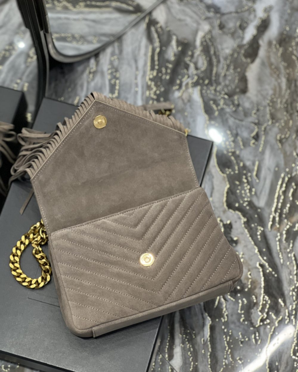 [REP 1:1] Saint Laurent Frosted Belt Fringe Perennial Messenger Bag Gray For Women, Women's Bags 9.4in/24cm YSL