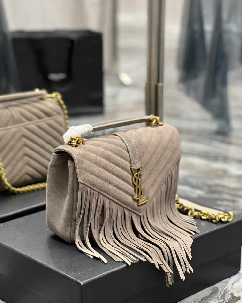 [REP 1:1] Saint Laurent Frosted Belt Fringe Perennial Messenger Bag Gray For Women, Women's Bags 9.4in/24cm YSL