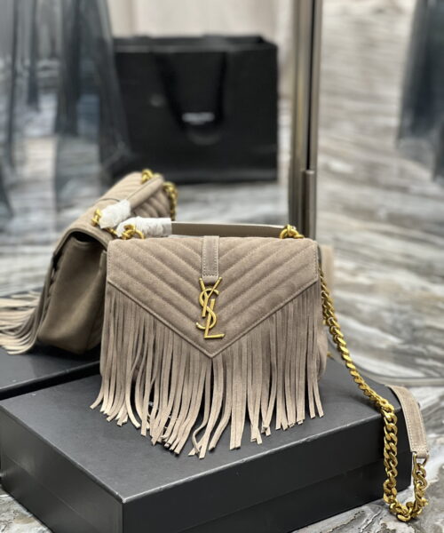 [REP 1:1] Saint Laurent Frosted Belt Fringe Perennial Messenger Bag Gray For Women, Women's Bags 9.4in/24cm YSL