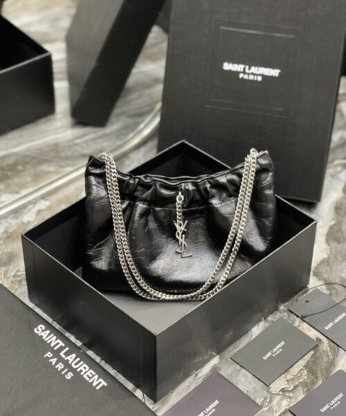 [REP 1:1] Saint Laurent Hobo Mini Bag Black With Silver Hardware For Women 9.4in/24cm YSl