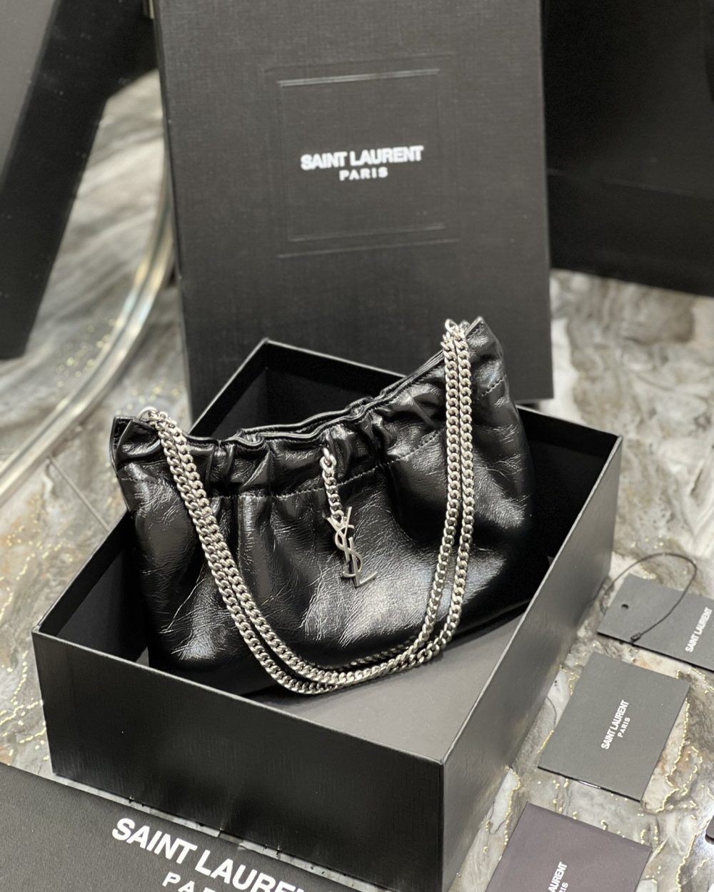 [REP 1:1] Saint Laurent Hobo Mini Bag Black With Silver Hardware For Women 9.4in/24cm YSl